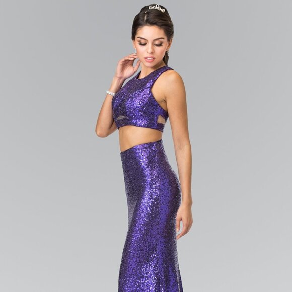 NEW LONG SLEEVELESS EMBROIDERED SEQUIN TWO PIECE DRESS WITH CUT-OUT BACK  GL2333